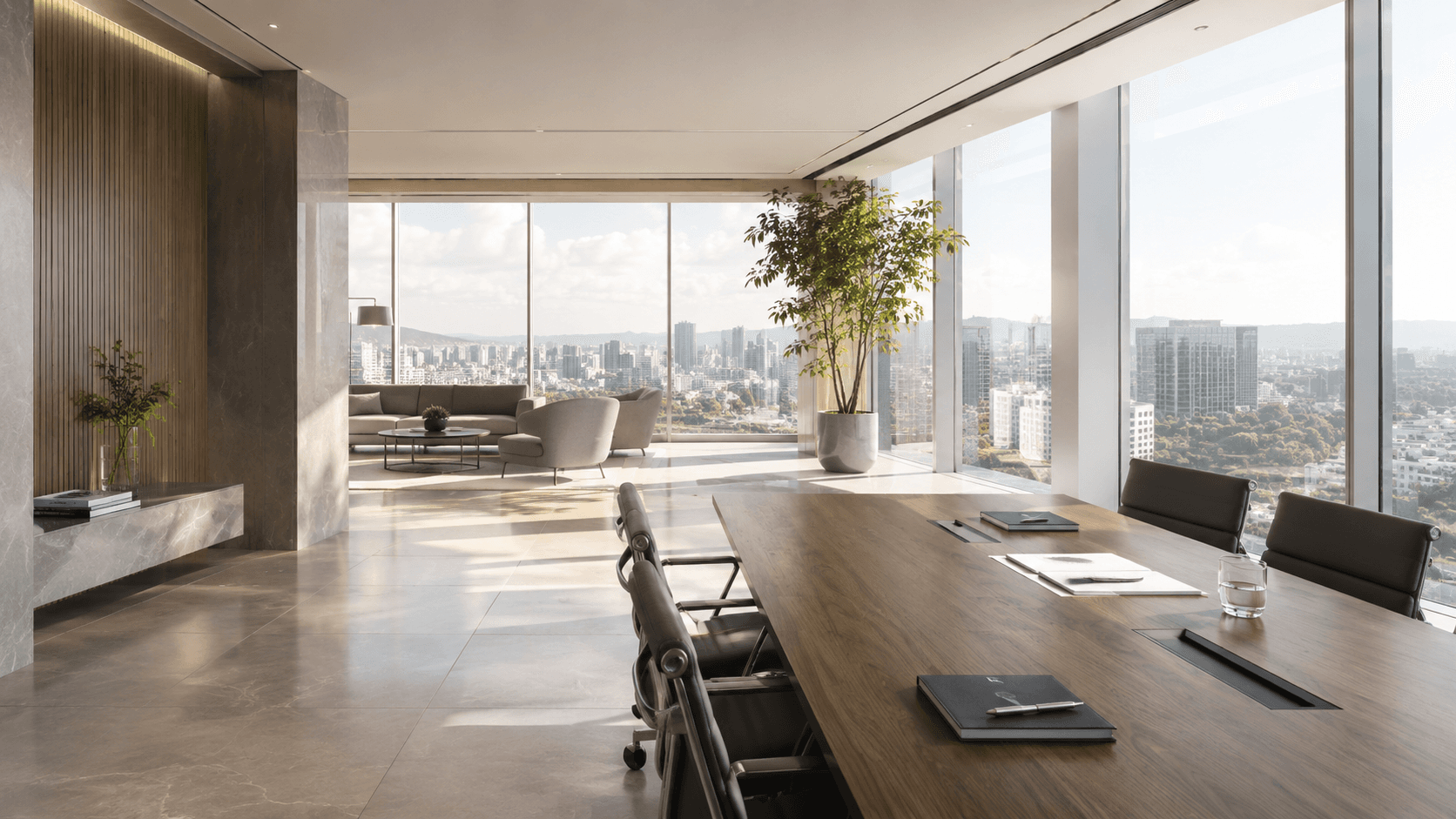 Sala executiva com skyline e painéis de indicadores