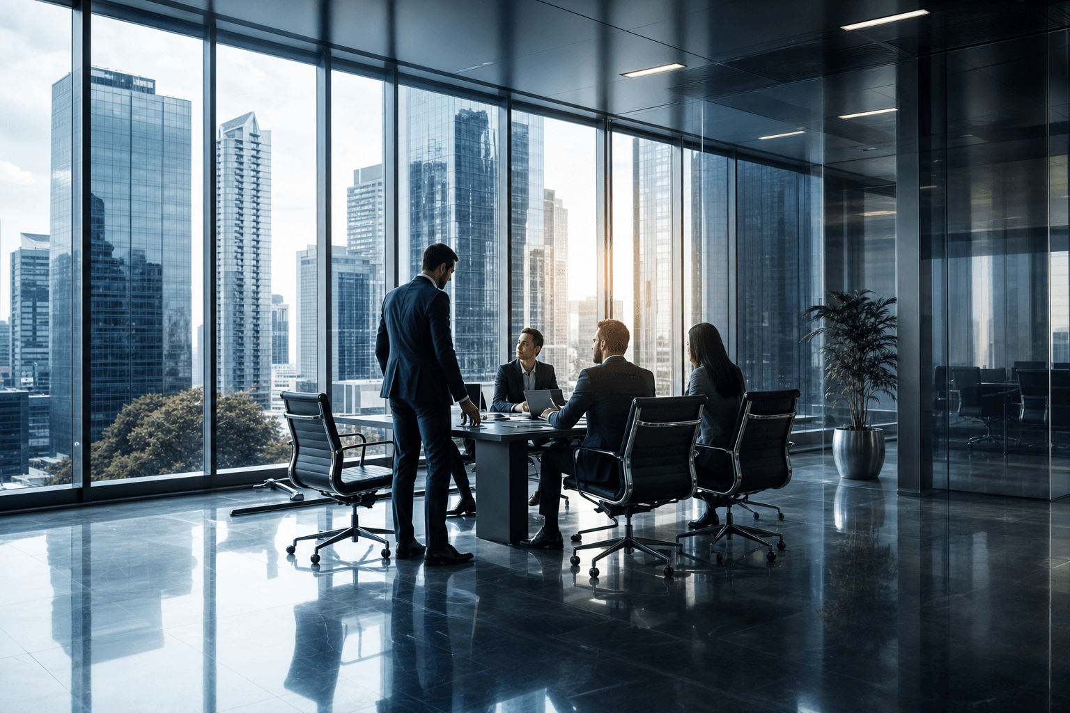 Consultores reunidos em sala corporativa com vista para a cidade