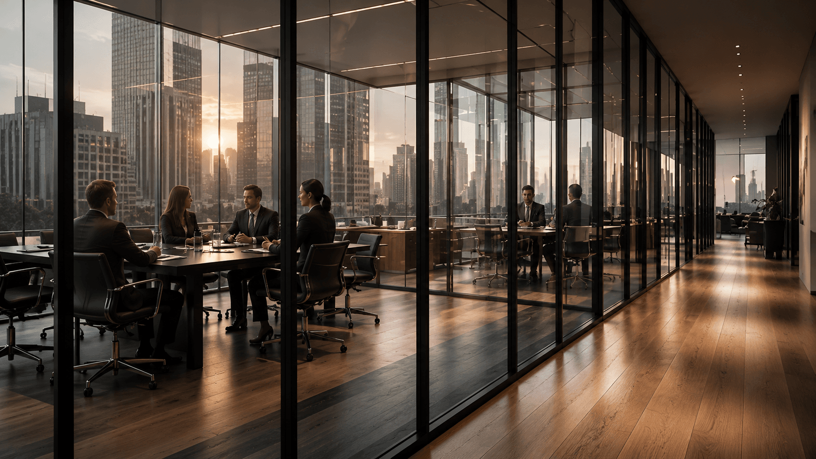 Corredor de escritório corporativo moderno com sala de reunião